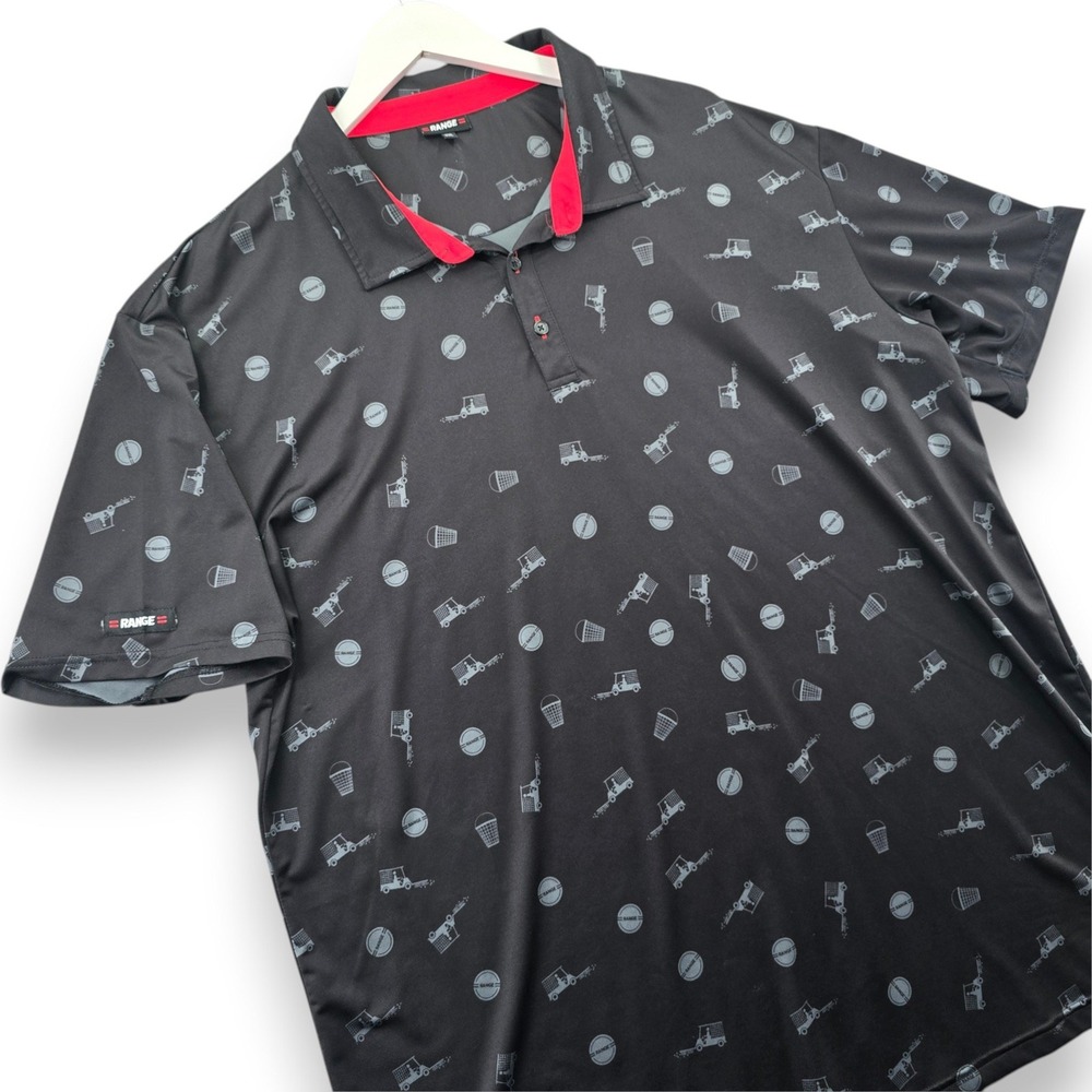 Range Golf Polo Shirt Mens XXL Black Golf Cart Range Bucket Print Performance